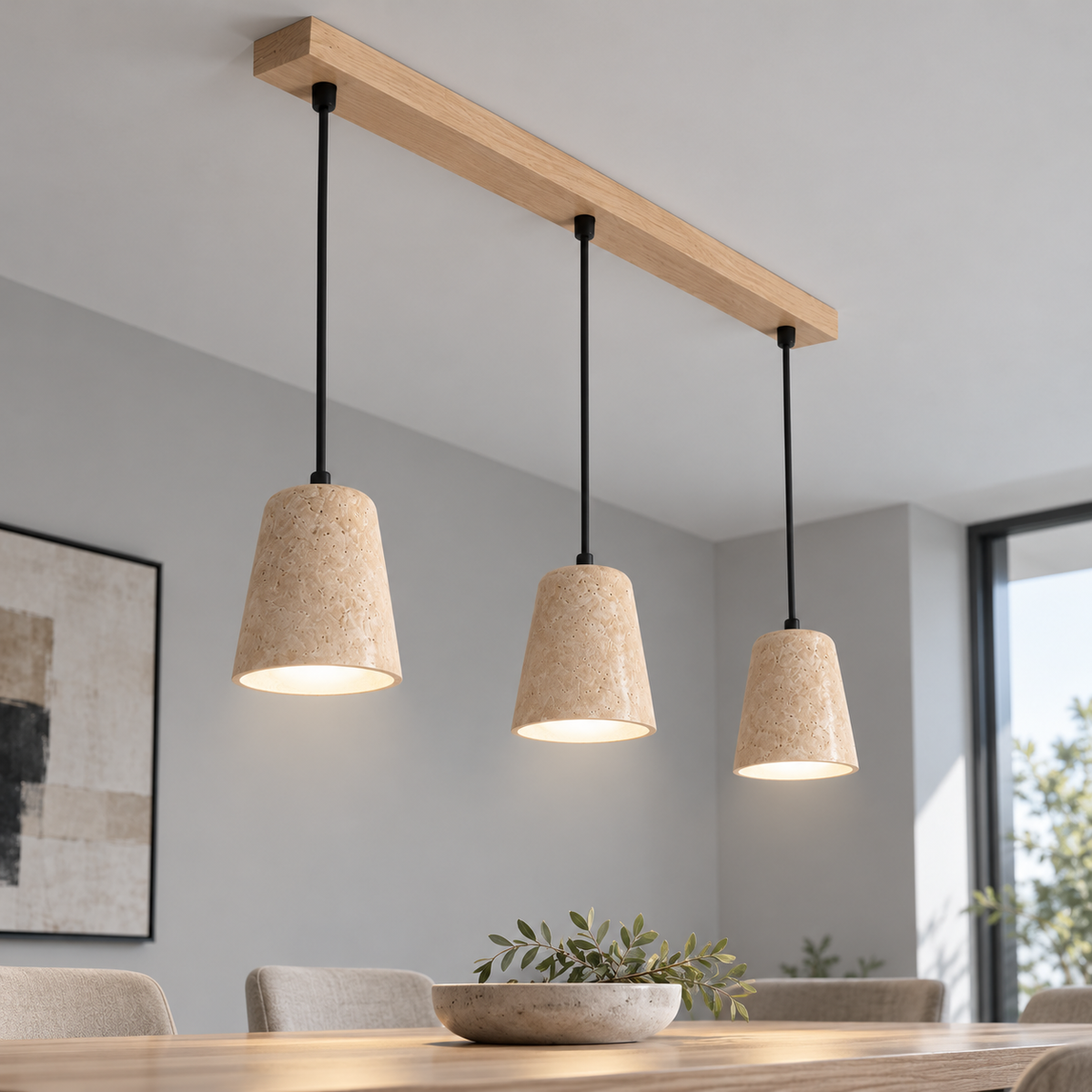 Sculptural travertine pendant with a wooden canopy — beige three lit, Beige wood canopy, THREE matching tapered shades