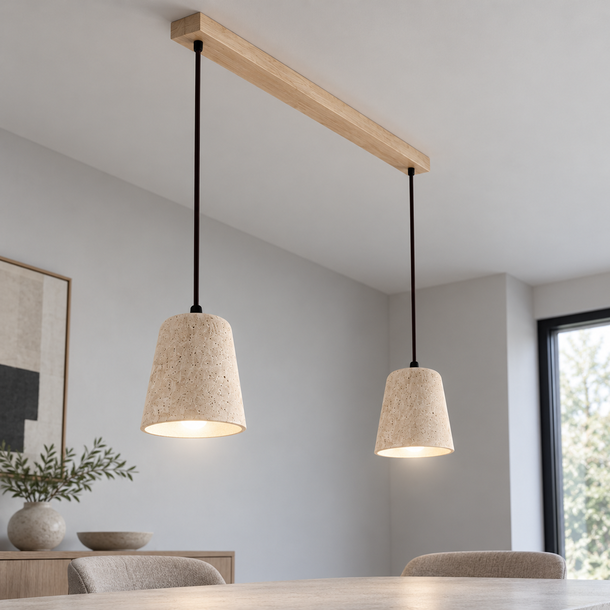 Sculptural travertine pendant with a wooden canopy — beige two lit, Beige wood canopy, TWO matching tapered shades