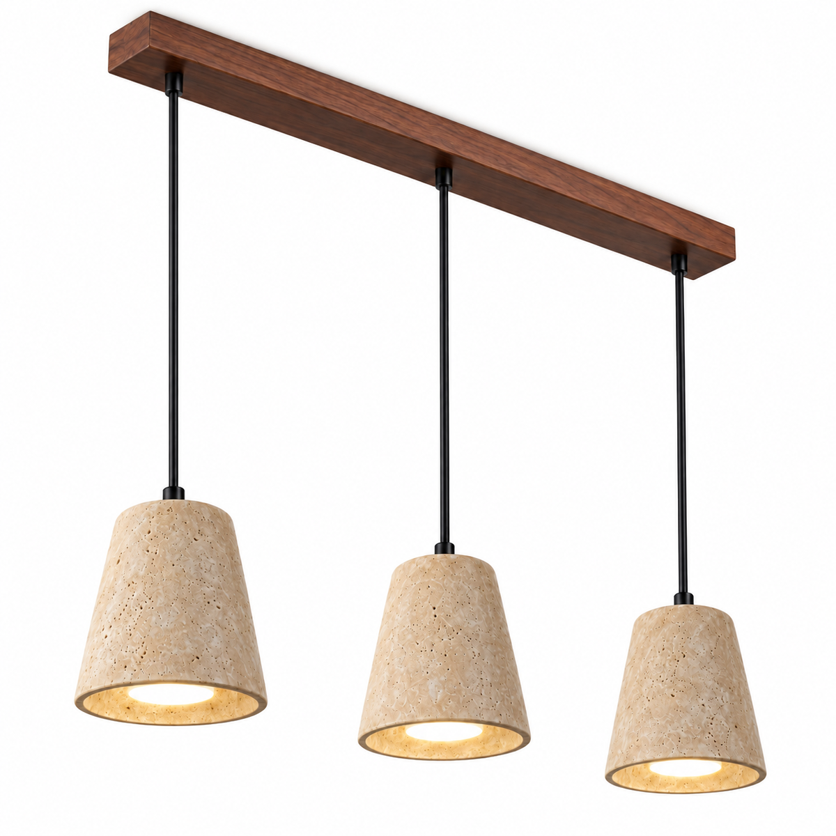 Sculptural travertine pendant with a wooden canopy — catalog walnut three lit, Walnut canopy, three matching tapered shades