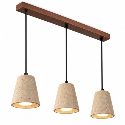 Sculptural travertine pendant with a wooden canopy — catalog walnut three lit, Walnut canopy, three matching tapered shades