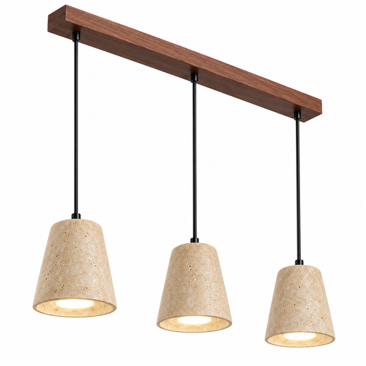 Sculptural travertine pendant with a wooden canopy — catalog walnut three lit, Walnut canopy, three matching tapered shades