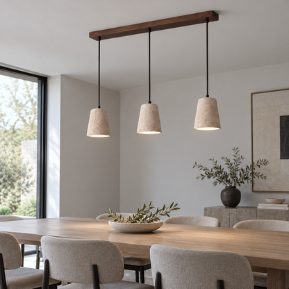 Sculptural travertine pendant with a wooden canopy — front three lit, Walnut canopy, three matching tapered shades