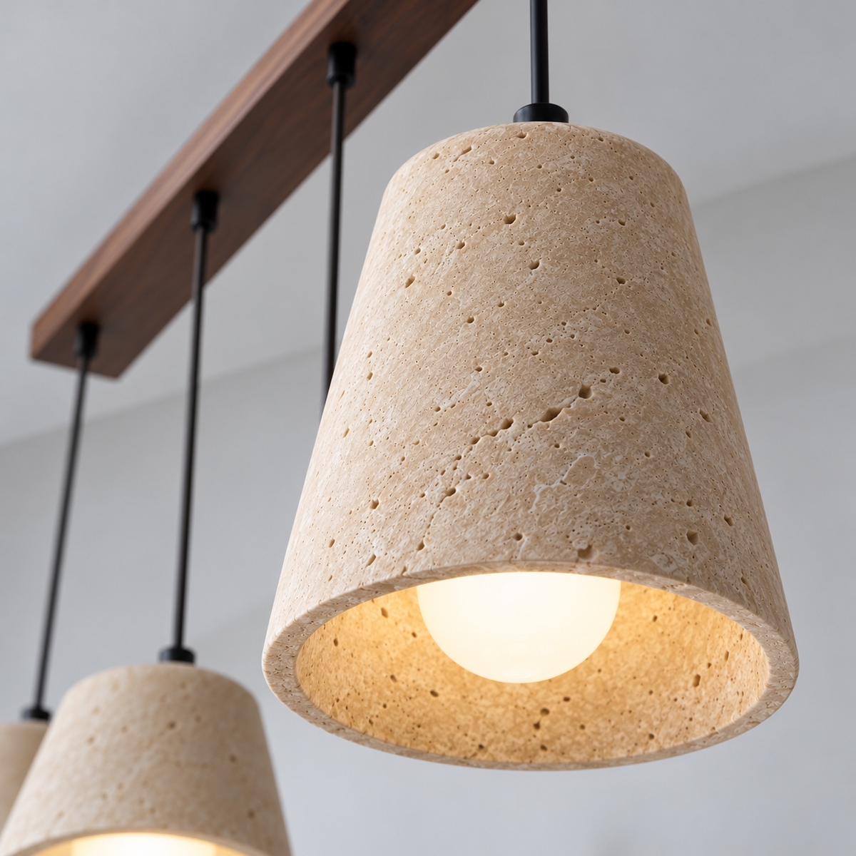 Sculptural travertine pendant with a wooden canopy — macro stone lit, Beige travertine