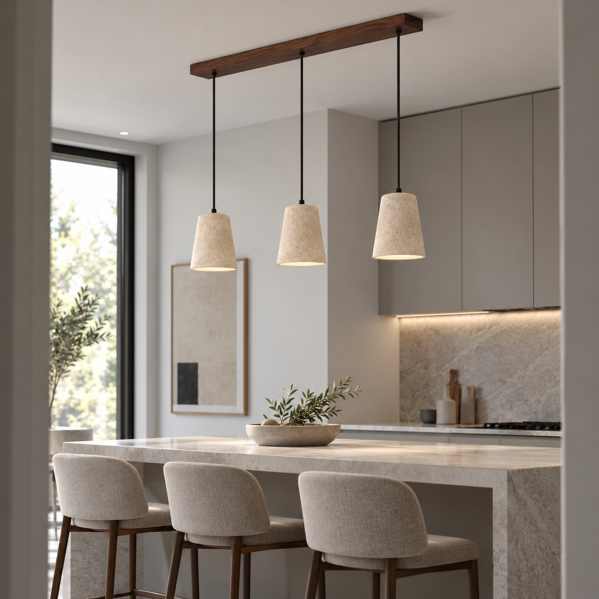 Sculptural travertine pendant with a wooden canopy — side three lit, Walnut canopy, three matching tapered shades