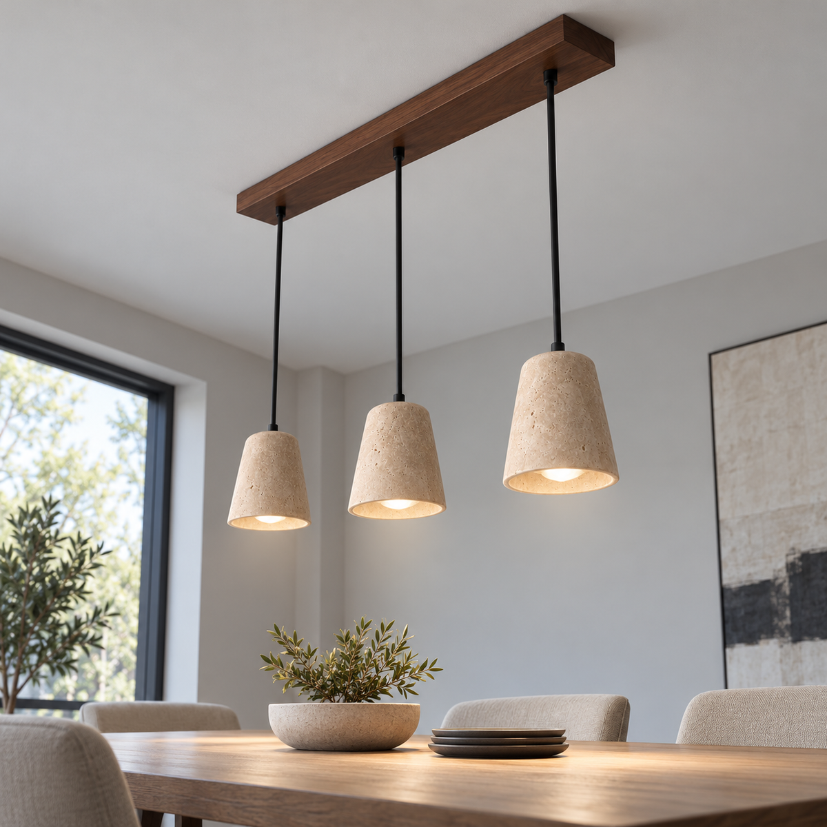 Sculptural travertine pendant with a wooden canopy — under three lit, Walnut canopy, three matching tapered shades