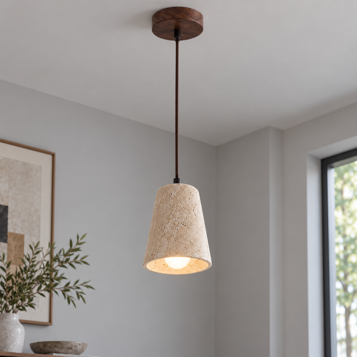 Sculptural travertine pendant with a wooden canopy — walnut single lit, Walnut round canopy, ONE matching tapered shade