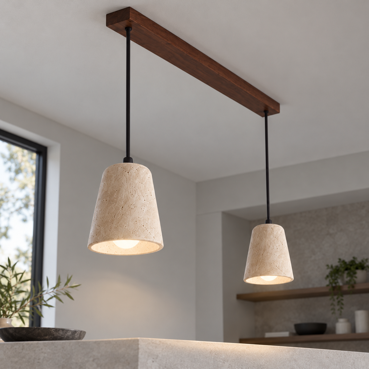 Sculptural travertine pendant with a wooden canopy — walnut two lit, Walnut canopy, two matching tapered shades