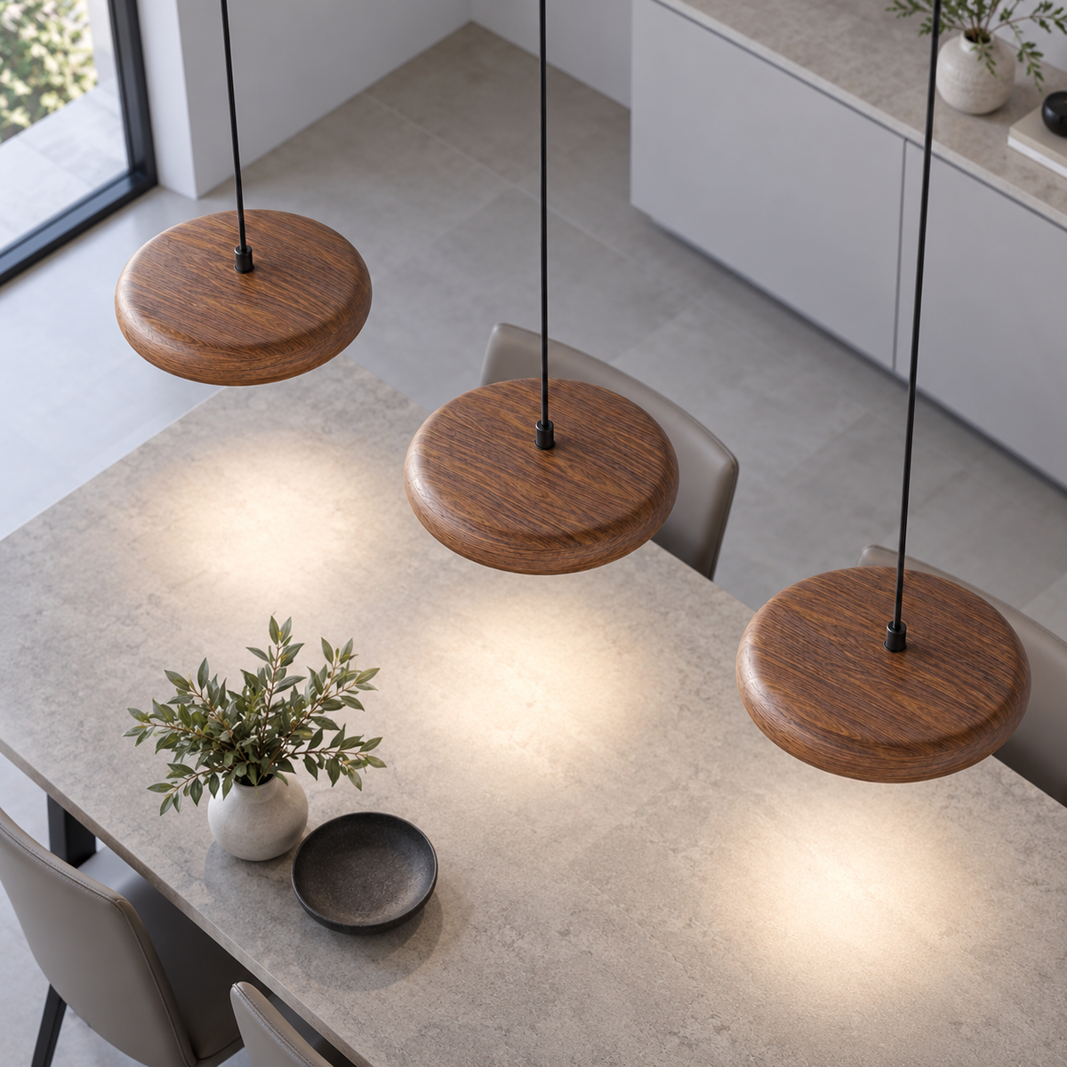 Slim disc pendant in a rich walnut effect finish — above three lit, Walnut effect
