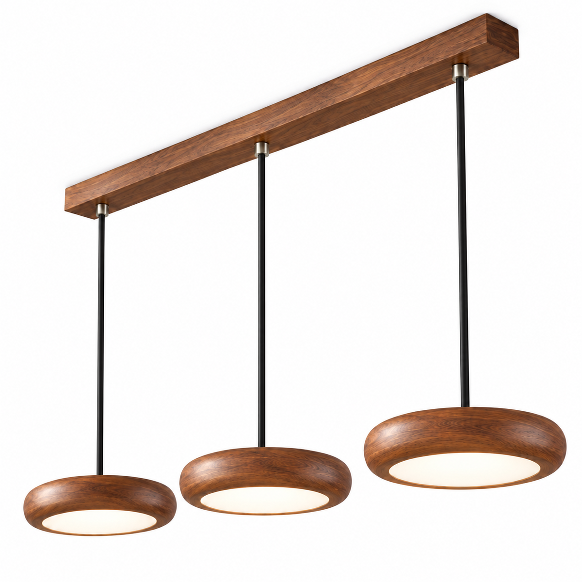 Slim disc pendant in a rich walnut effect finish — catalog three lit, Walnut effect