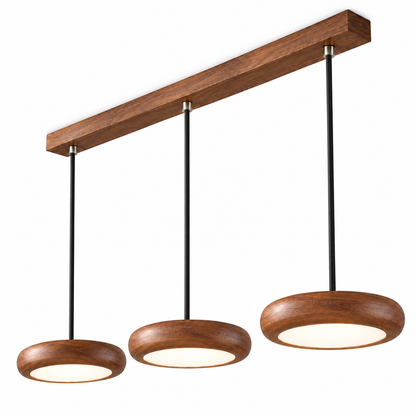 Slim disc pendant in a rich walnut effect finish — catalog three lit, Walnut effect