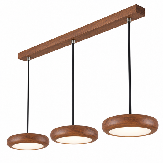 Slim disc pendant in a rich walnut effect finish — catalog three lit, Walnut effect