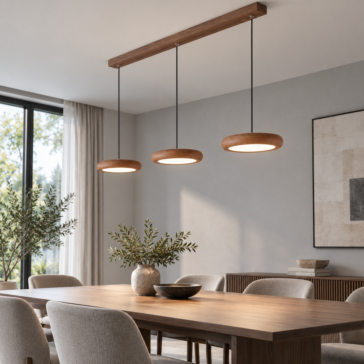 Slim disc pendant in a rich walnut effect finish — front reverse far lit, Walnut effect