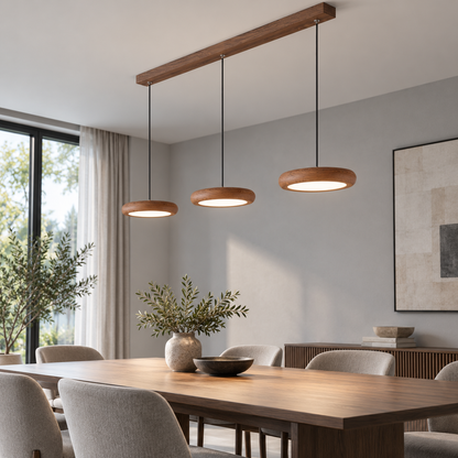 Slim disc pendant in a rich walnut effect finish — front reverse far lit, Walnut effect