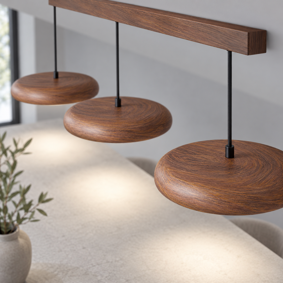 Slim disc pendant in a rich walnut effect finish — macro upper edge lit, Walnut effect