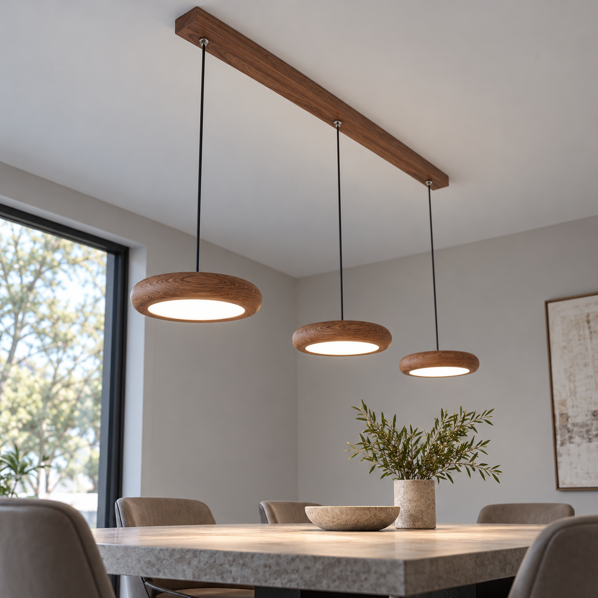Slim disc pendant in a rich walnut effect finish — under reverse lit, Walnut effect