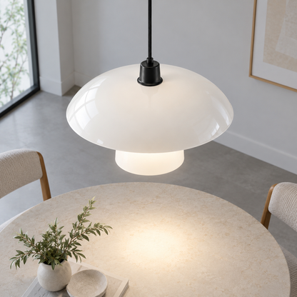 Sculpted opal glass pendant with a layered shade — above black lit, White glass and black collar40cm