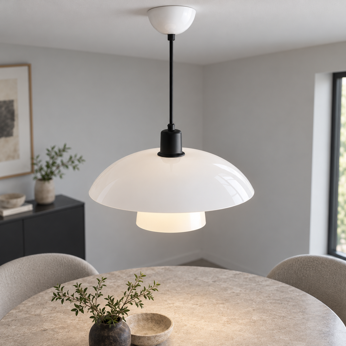 Sculpted opal glass pendant with a layered shade — black 30 lit, White glass and black collar30cm