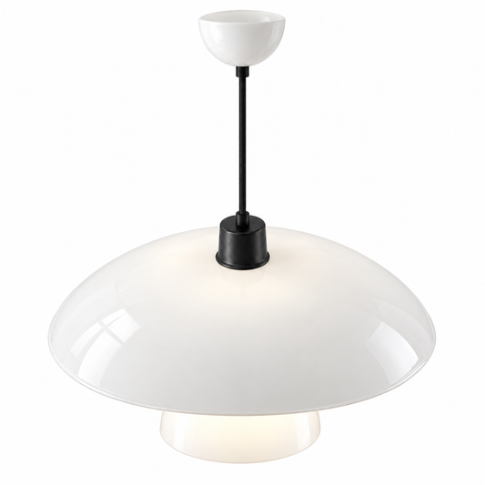 Sculpted opal glass pendant with a layered shade — catalog black lit, White glass and black collar40cm