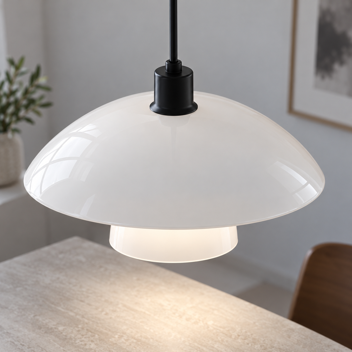 Sculpted opal glass pendant with a layered shade — macro layer upper lit, White glass and black collar