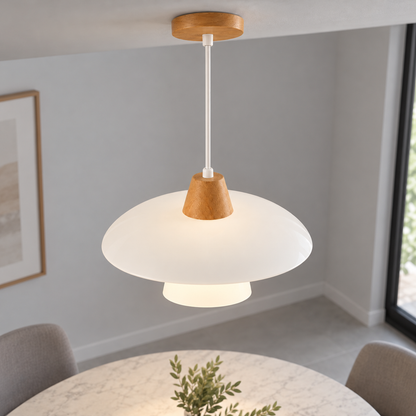 Sculpted opal glass pendant with a layered shade — wood 30 upper lit, White glass and wood-tone collar30cm