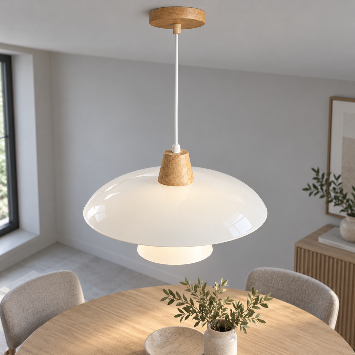 Sculpted opal glass pendant with a layered shade — wood 40 upper lit, White glass and wood-tone collar40cm