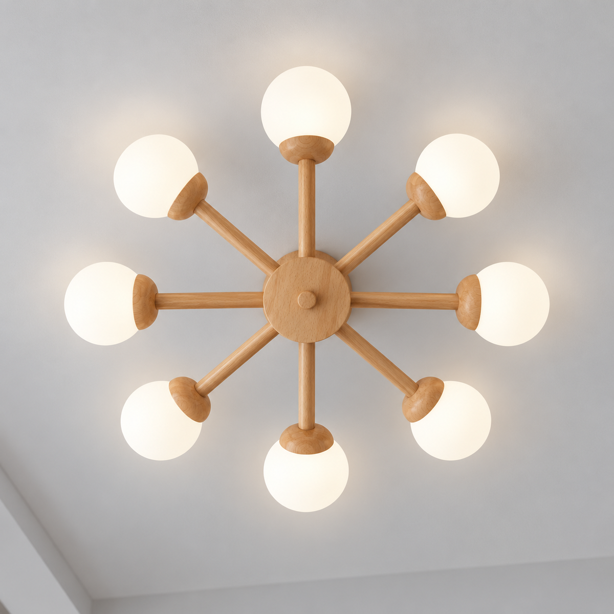 Eight-globe Style B wood ceiling light illuminated, photographed directly underneath