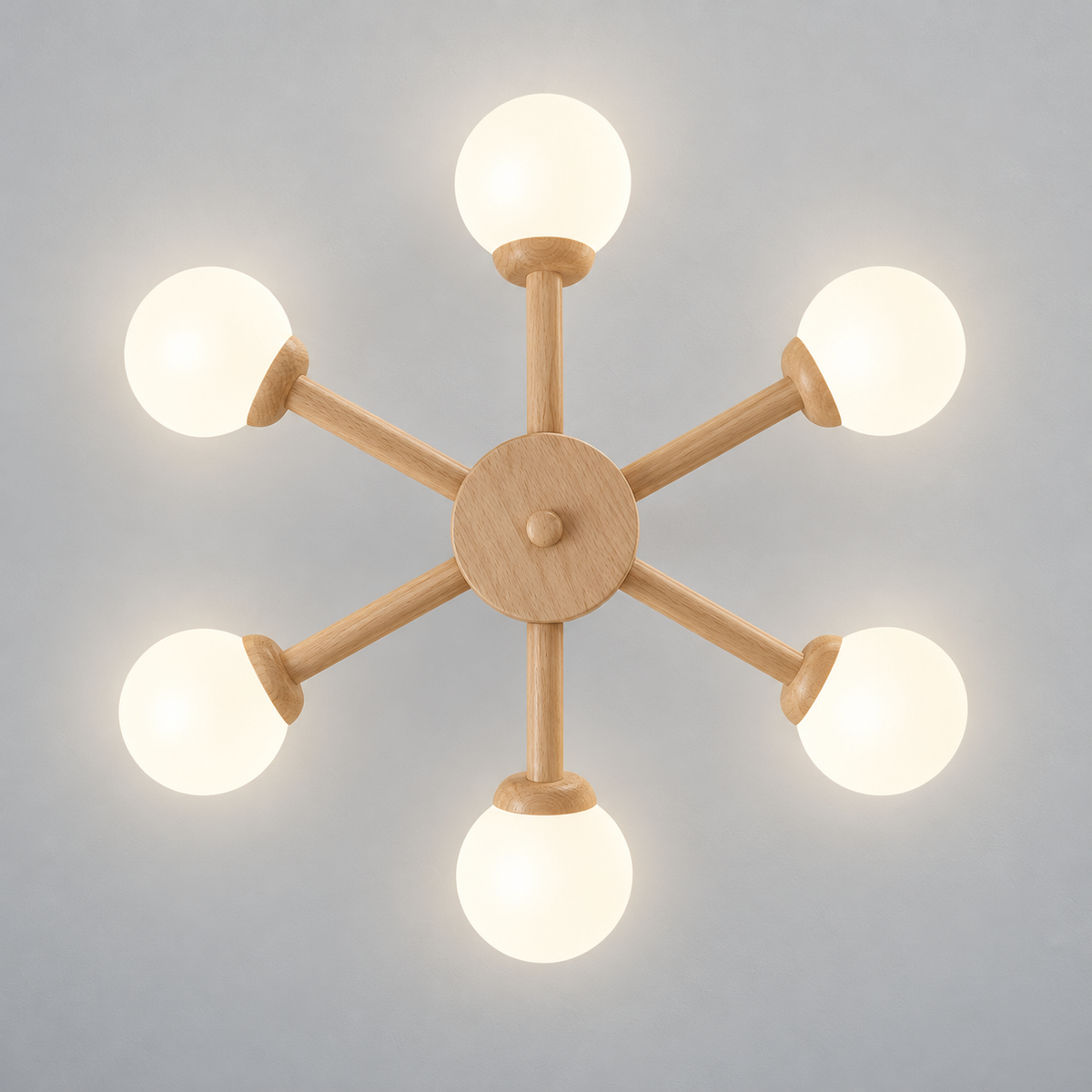 Six-globe Style A wood ceiling light illuminated, photographed directly underneath