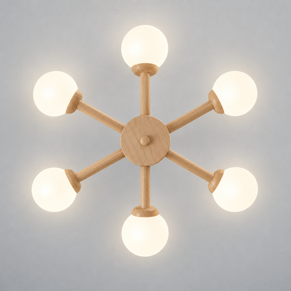 Six-globe Style A wood ceiling light illuminated, photographed directly underneath