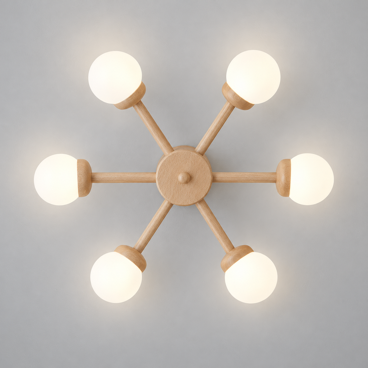 Six-globe Style B wood ceiling light illuminated, photographed directly underneath