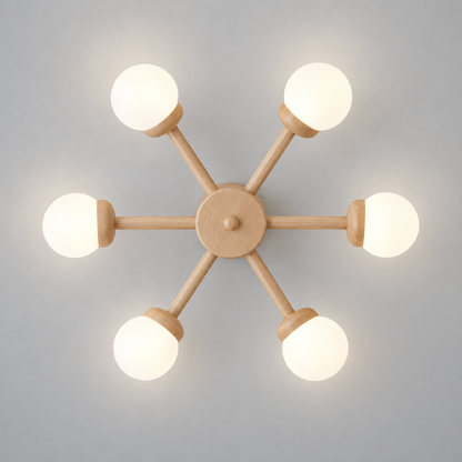 Six-globe Style B wood ceiling light illuminated, photographed directly underneath
