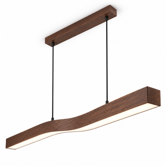 Illuminated 120cm wood-effect wave pendant in a reverse-end catalog view