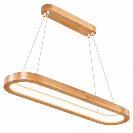 Illuminated 120cm light-wood oval pendant on white catalog background