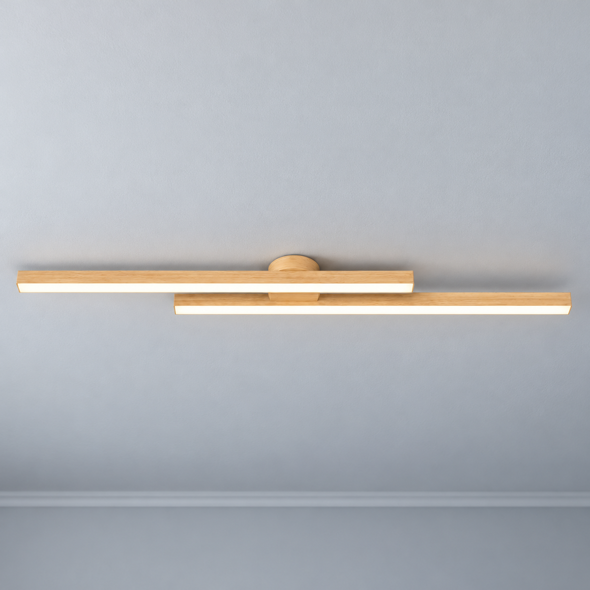 Light wood effect offset twin bar ceiling light, 120 cm, illuminated on pale grey ceiling