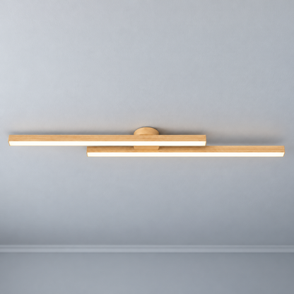 Light wood effect offset twin bar ceiling light, 120 cm, illuminated on pale grey ceiling