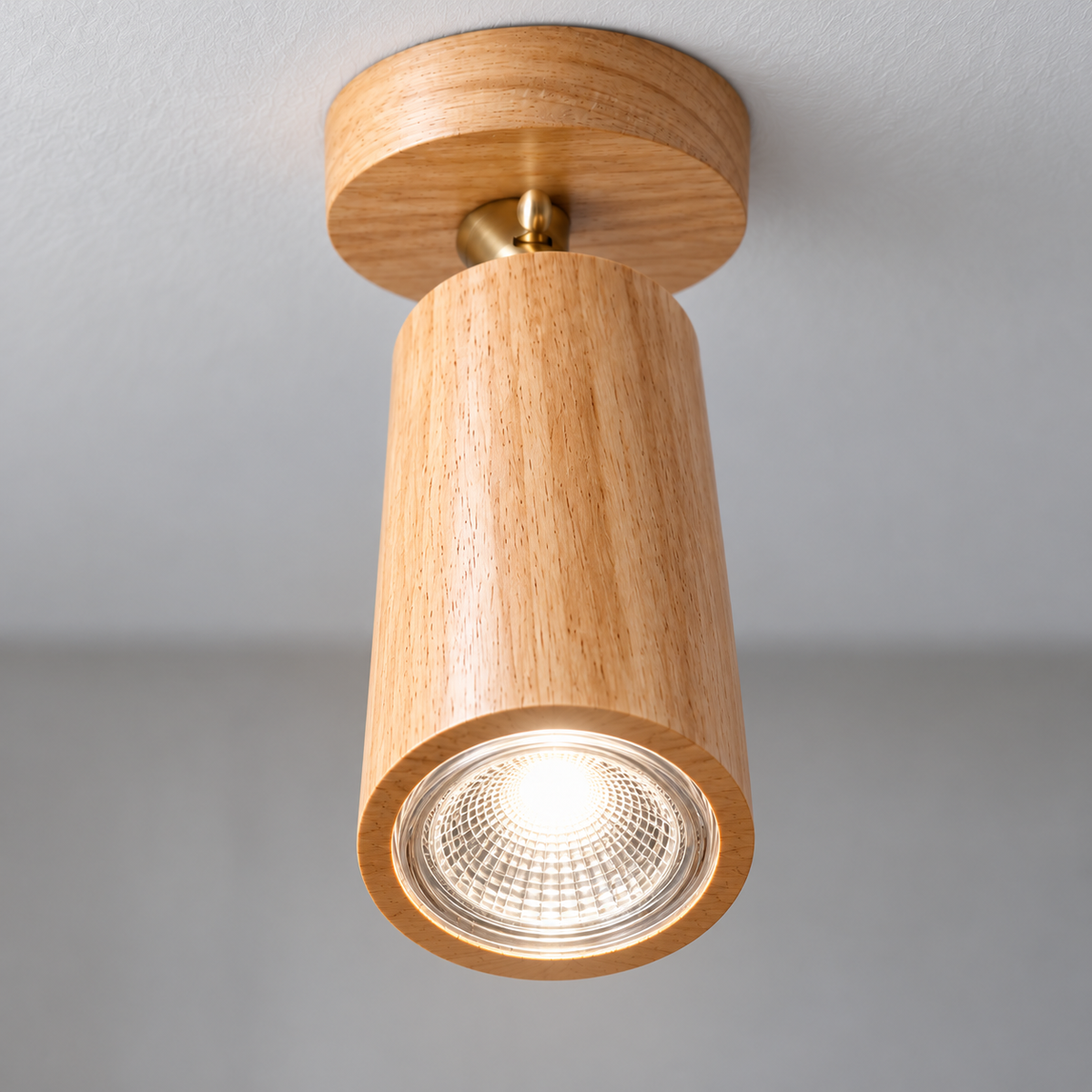 Beige rubberwood single ceiling spotlight with illuminated optical lens and brass pivot