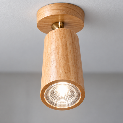 Beige rubberwood single ceiling spotlight with illuminated optical lens and brass pivot