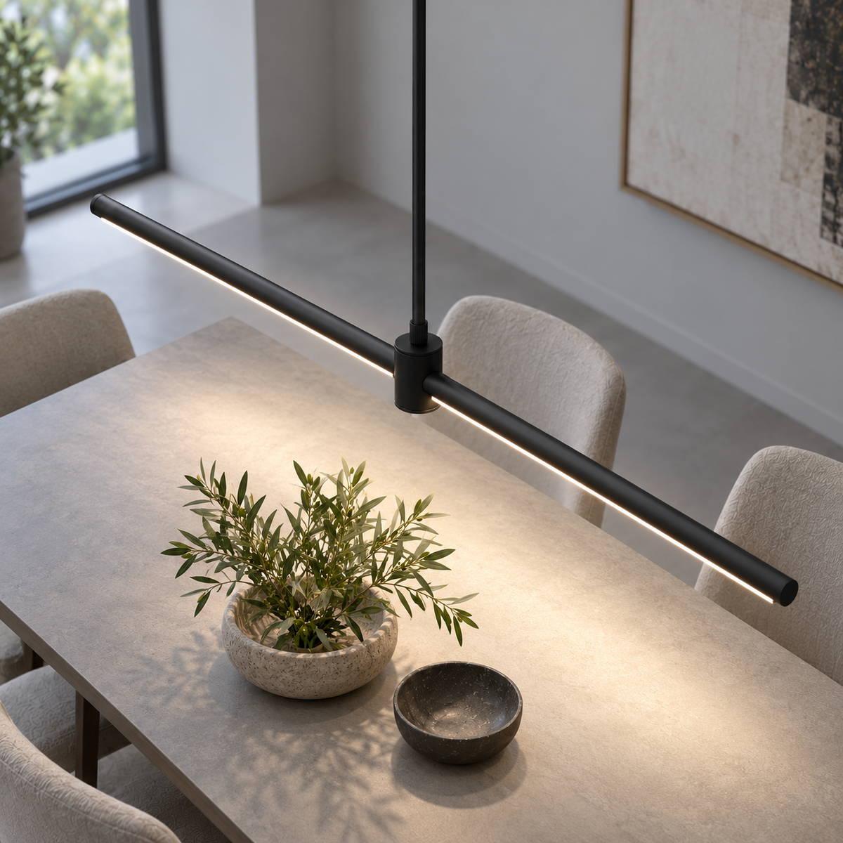 Sleek aluminium pendant with an adjustable stem — Black 120 cm, above on, illuminated.