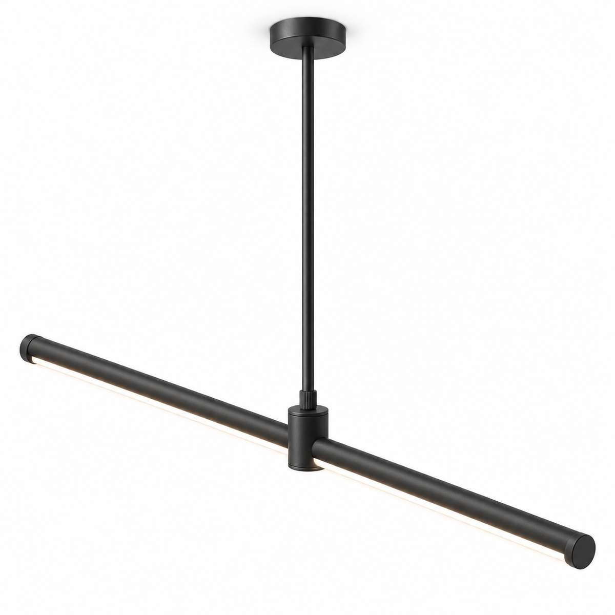 Sleek aluminium pendant with an adjustable stem — Black, catalog black, illuminated and faithfully mounted.