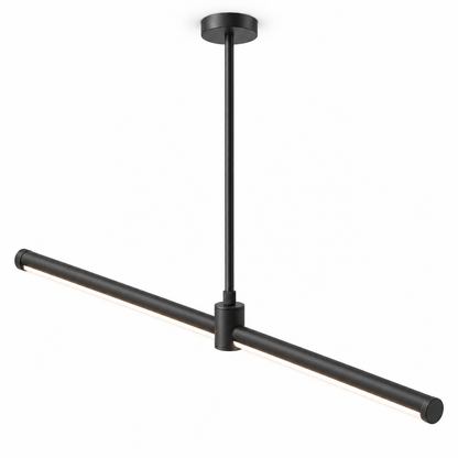 Sleek aluminium pendant with an adjustable stem — Black, catalog black, illuminated and faithfully mounted.