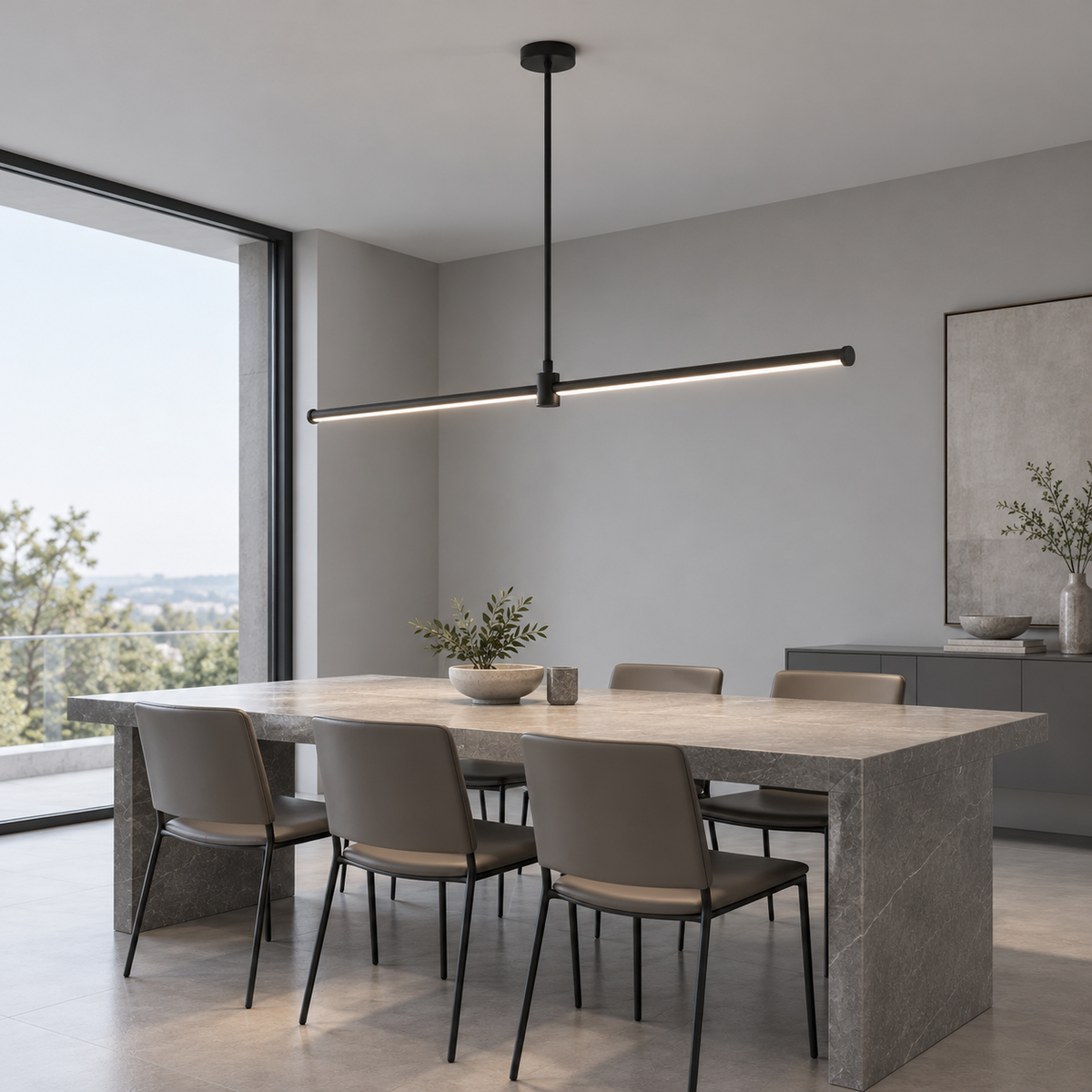 Sleek aluminium pendant with an adjustable stem — Black 120 cm, front far, illuminated.