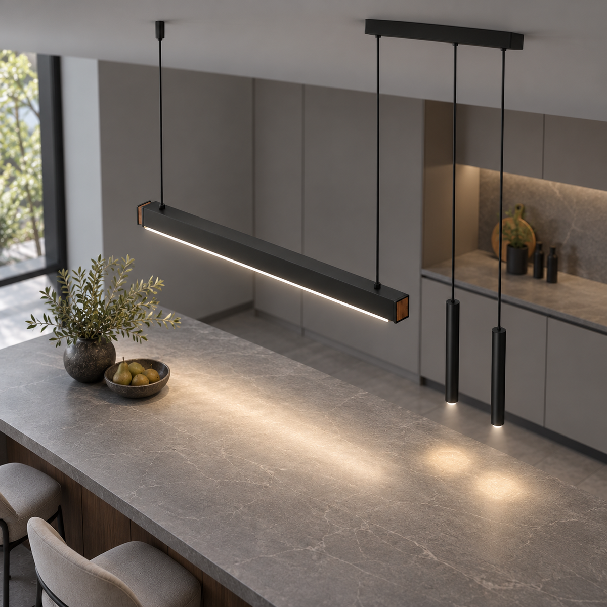 Asymmetric black pendant with twin suspended spotlights — Black 107 cm overall (80 cm bar), above on, illuminated.