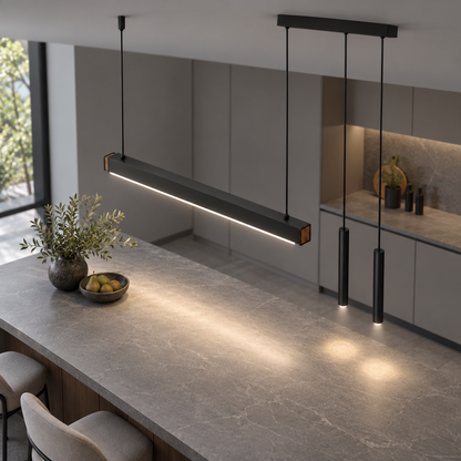 Asymmetric black pendant with twin suspended spotlights — Black 107 cm overall (80 cm bar), above on, illuminated.