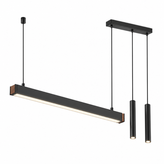 Asymmetric black pendant with twin suspended spotlights — Black 107 cm overall (80 cm bar), catalog on, illuminated.