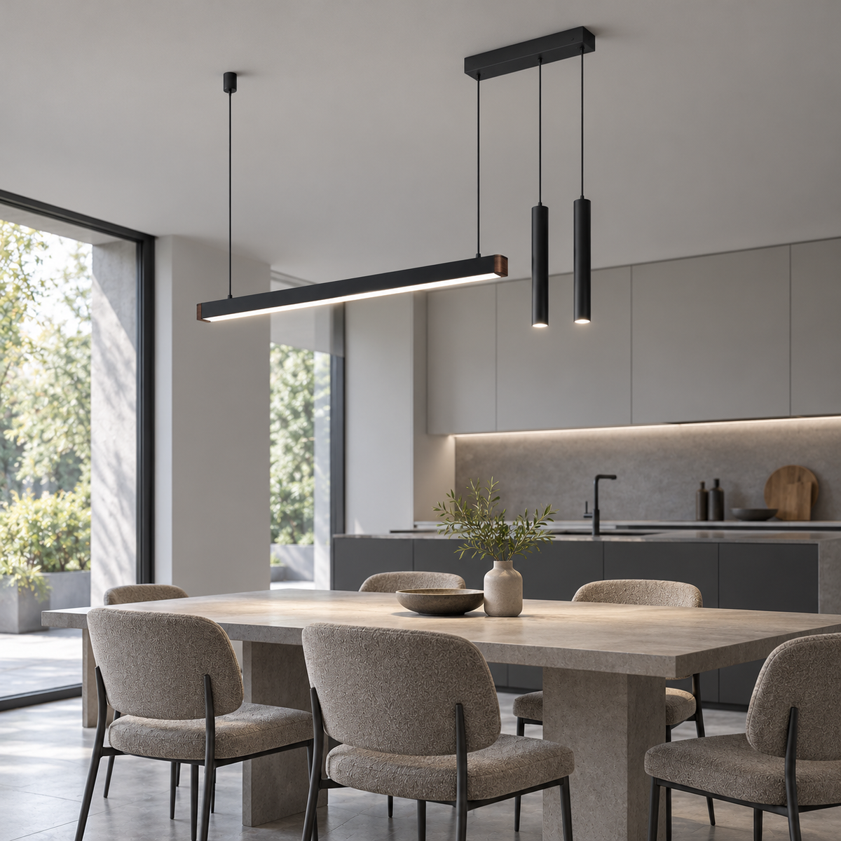 Asymmetric black pendant with twin suspended spotlights — Black, front far, illuminated and faithfully mounted.
