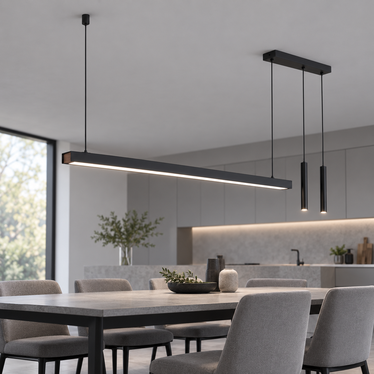 Asymmetric black pendant with twin suspended spotlights — Black, medium 177, illuminated and faithfully mounted.