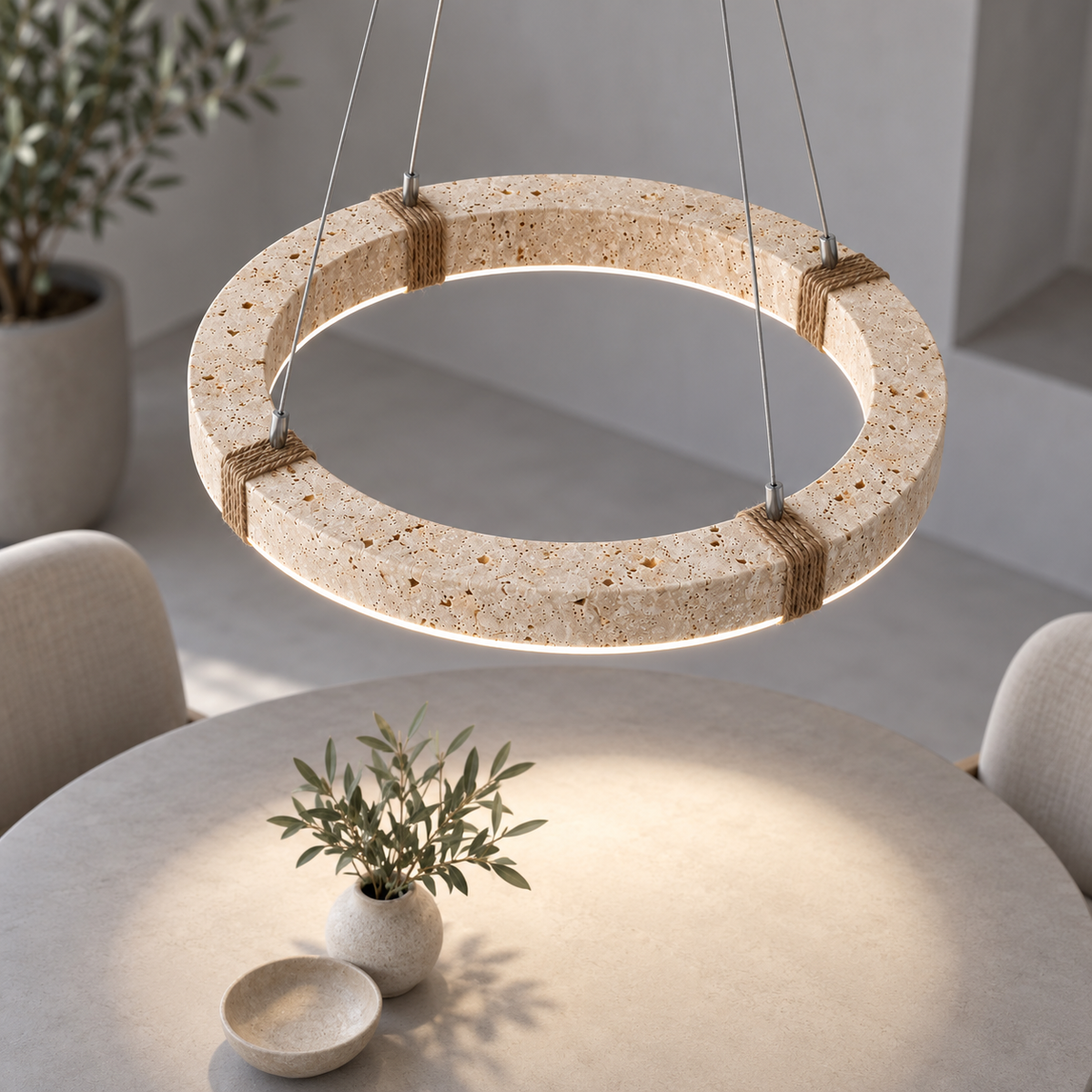 Textured travertine ring pendant with rope detailing — Beige / light wood grain, above 40 on, illuminated and faithfully mounted.