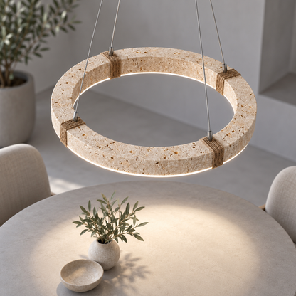 Textured travertine ring pendant with rope detailing — Beige / light wood grain, above 40 on, illuminated and faithfully mounted.
