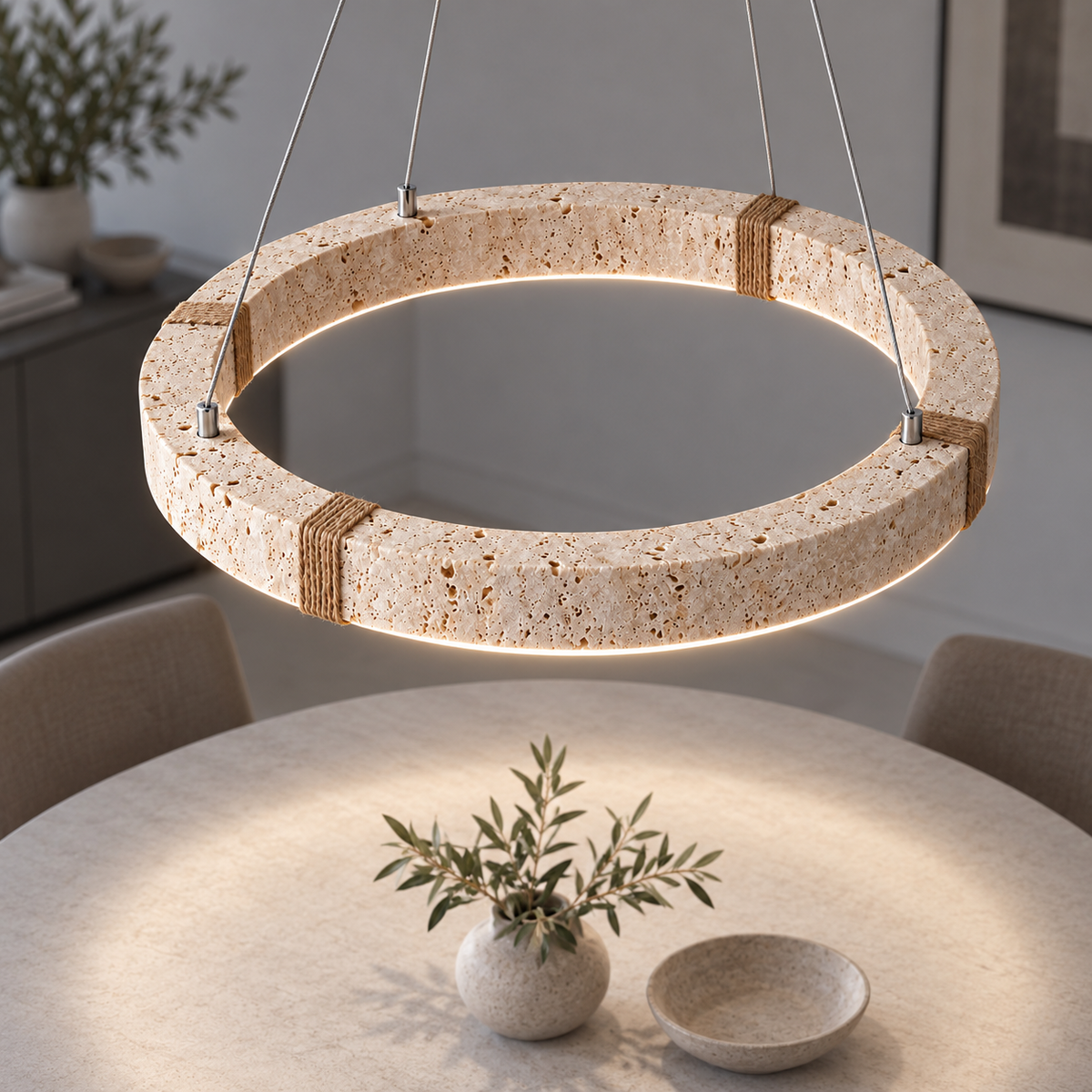 Textured travertine ring pendant with rope detailing — Beige / light wood grain, above 60 on, illuminated and faithfully mounted.