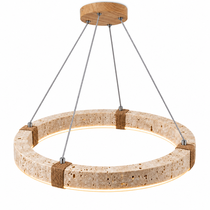 Textured travertine ring pendant with rope detailing — Beige / light wood grain, catalog on, illuminated and faithfully mounted.