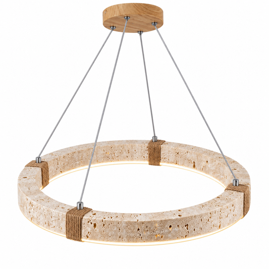 Textured travertine ring pendant with rope detailing — Beige / light wood grain, catalog on, illuminated and faithfully mounted.